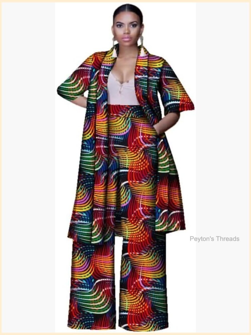 2-Piece African Wax Print Suit Set Long Jacket Wide Leg Pants Cotton Women's - Picture 1 of 1